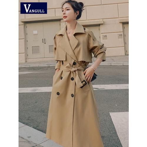 Vangull New Spring Autumn Long Women Trench Coat Casual Double Breasted Belt Khaki Loose Coat Office Lady Outerwear Fashion