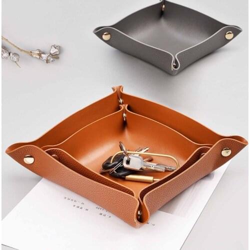 2021 Key Storage Box Multi-purpose Snap Button Design Faux Leather Desktop Organizer Jewelry Cosmetic Plate Tray for Home