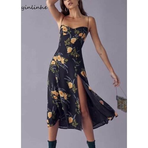 Yinlinhe Vintage Tied Strap Long Dress Women Backless Elastic Slim Summer Dress High Split French Style Sexy Party Dresses 1968