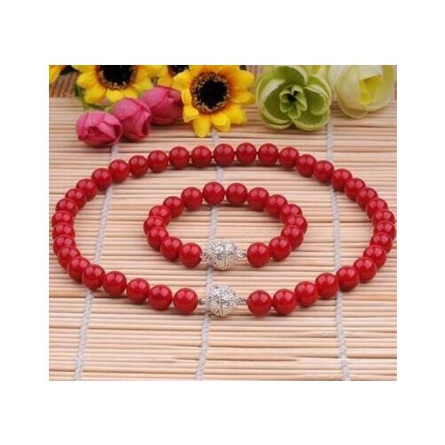 10MM GENUINE CORAL RED SOUTH SEA SHELL PEARL NECKLACE BRACELET JEWELRY SET 18