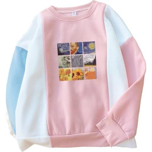 Hoodies Sweatshirt Women Autumn Winter New Fleece Warm Harajuku Cute Van Gogh Oil Painting Print Pullover Colorblock O-neck Tops