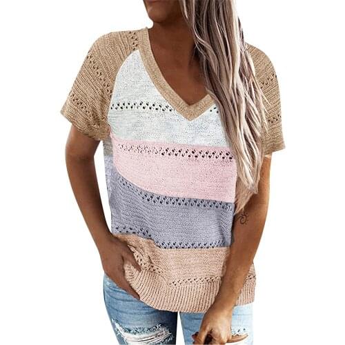 Women Stripe V Neck Blouse 2021 Fashion Lightweight Knit Blouses Summer Short Sleeve Pullover Shirt Casual Top Блузка Женская