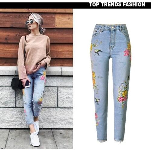 Women Denim Pants Slim Fit Fashion Straight Jeans Flower Bird Embroidery Trouser Personality Street Trendsetters 2020 Hot New