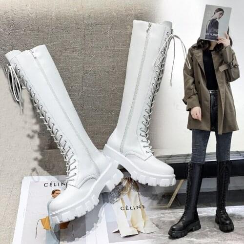 2021 British Thicken soled motorcycle botas femininas lace up&zip knee-high boots women shoes long tube slim leg knight botines