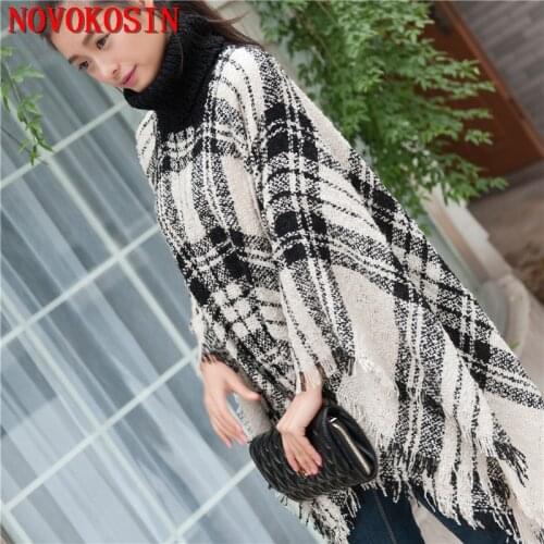 Women Cross Striped Capes 22 Style Loose Poncho 2021 Autumn Plus Size Knitted Long Warm Sweater Tassel High Neck Pullover Coat