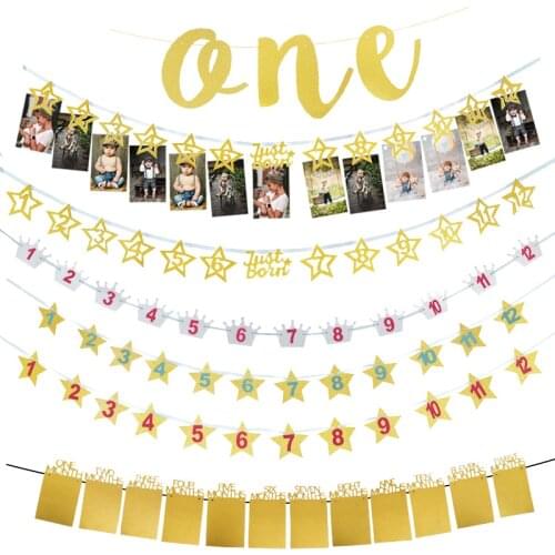 WEIGAO 1Set Happy Birthday Photo Banner Birthday Party Decoration Baby Shower First 1st Birthday Flags ONE Year Bunting Garlands