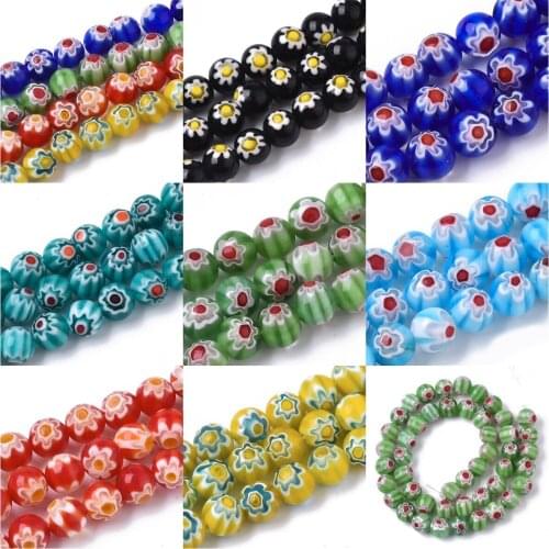 10 Strands 8mm Round Flower Pattern Handmade Lampwork Beads Millefiori Glass Loose Bead For Bracelet Necklace DIY Jewelry Making