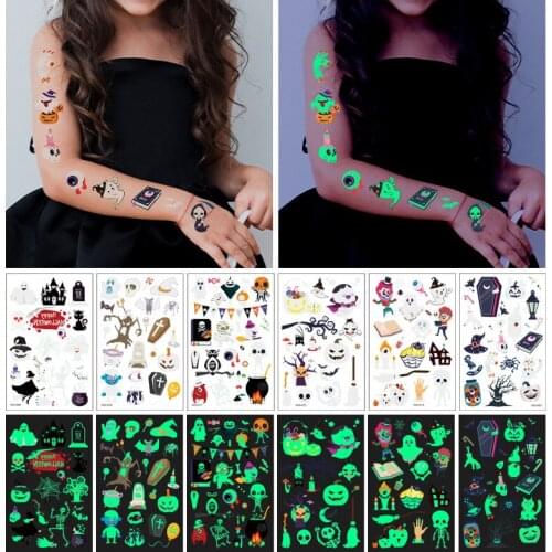 20 Kinds Halloween In Dark Waterproof Luminous Fake Tattoo Halloween Party Temporary Body Sticker Disposable Tatouage Temporaire