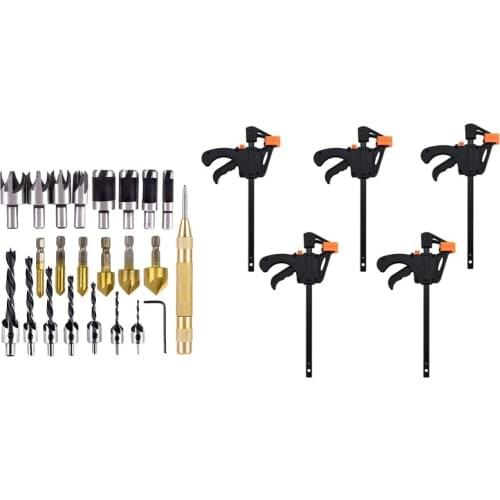 23-Pack Woodworking Chamfer Drilling Tool Countersink Drill Bits & 5Pcs F-Shaped Bar Clamps 4Inch Clip