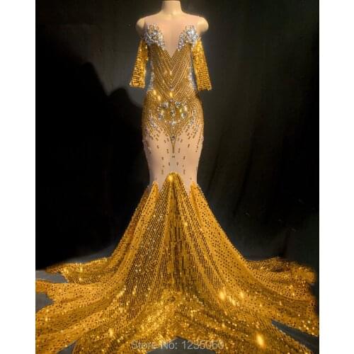 3 Colors Sparkly Crystals Transparent Sequins Tail Dress Evening Party Long Rhinestones Dresses Birthday Celebrate Costume YOUDU