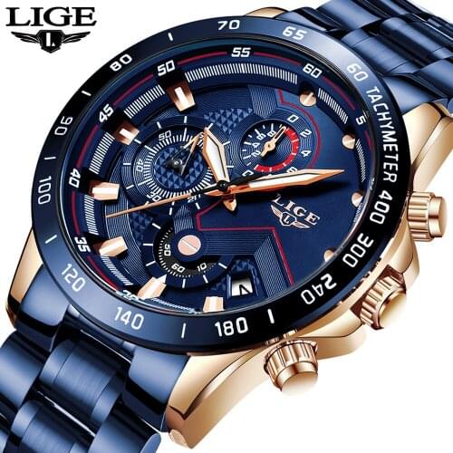 New LIGE Mens Watches Fashion Blue Chronograph Sport Quartz Watch Men Luxury Stainless Steel Waterproof Military WristWatch 2019