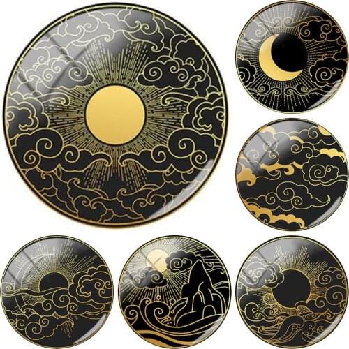 Black Art Sun Flowers Moon Cloud Texture Pattern 12/15/16/18/20/25/30 Mm Glass Cabochons Dome Flat Back Diy Jewelry Wl897
