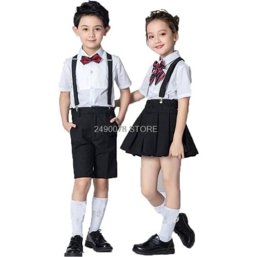 School Boys and Girls Formal Dress Wedding Suit For Gentleman Prince Kids Strap Shirt Pants Bowtie Piano Performance Costumes