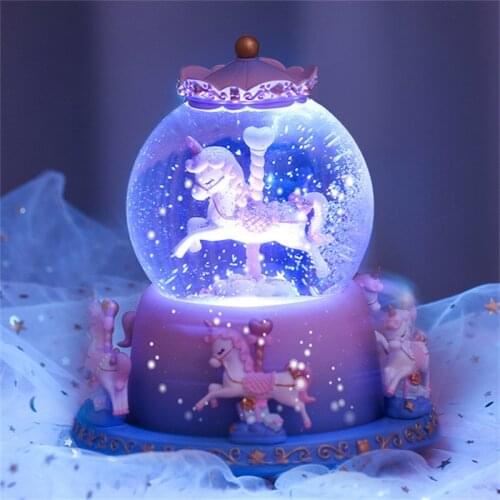 Carousel Music Box Night Light Crystal Ball Music Box Glass Resin Home Decoration Light Creative Decoration Birthday Gift Kids
