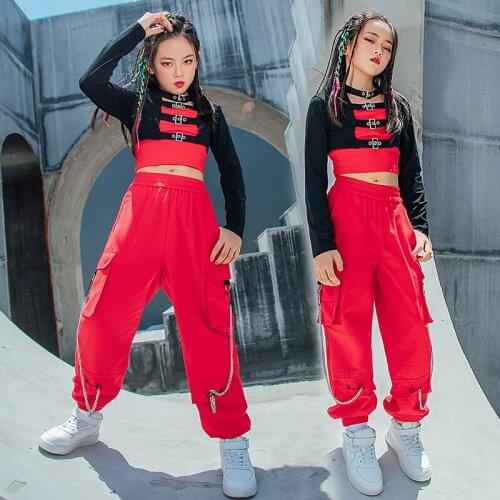 Modern Jazz Dance Performance Costume Hip Hop Kids Clothes Girls Crop Tops Red Cargo Pants Catwalk Tide Street Dance Wear BL7091