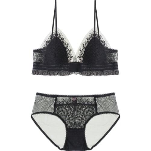 Sexy French U Backless Wireless Lace Bra Embroidery Triangle Cup Thin Lined Mesh Transparent Panty Set Underwear Women Lingerie