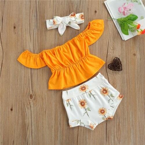 Summer Tollder Baby Girls Clothes Sets Off Shoulder Short Sleeve T Shirts Flowers Printed Shorts Headband 3pcs Casual Outfits