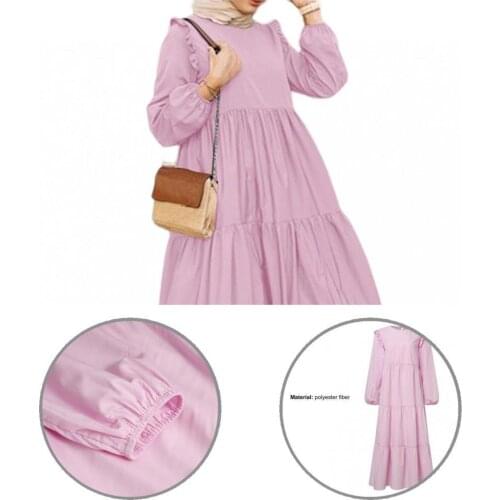 Fashion Long Dress Solid Color Breathable Loose Round Neck Long Sleeve Ruffle Dress