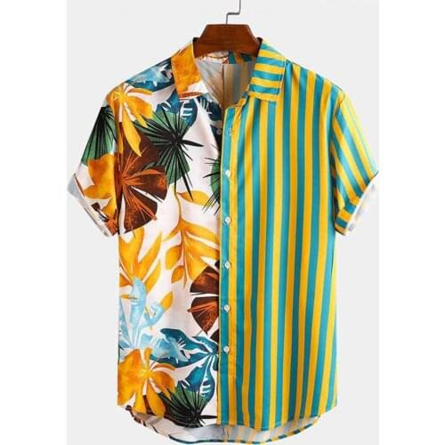 Fashion Men Hawaiian Shirt Short Sleeve Streetwear Print Striped Patchwork Summer Chic Blouse 2021 Beach Camisas Plus Size M-3XL