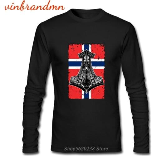 Norway Thor Hammer Flag Vikings Men Long Sleeve T Shirts Vikings Fashion Tee Tops Hammer Flag Graphic Male 100% Cotton T-shirts