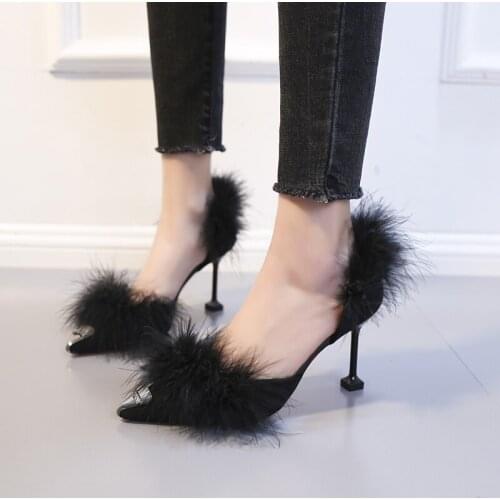 2020 new womens belt with single shoes color matching non-slip feather decoration generous banquet womens high heels U22-89