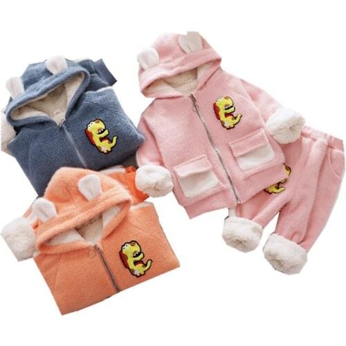 Autumn Winter Thick Warm Girls Clothing Set Plus velvet Baby Thicken Hooded jacket+Warm pants 2PCS Toddler Boys Clothes Suit