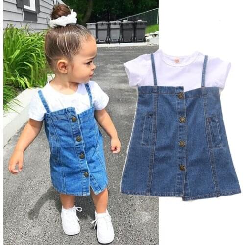 Girls Dresses 2020 Summer Girls Cotton White Short-sleeved Irregular Denim Suspender Dress Princess Children Kids Clothes Girls