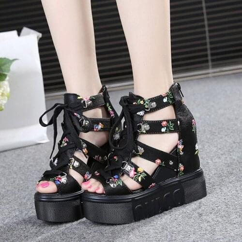 Spring/Summer Fish Mouth Inner Heel Slope Heel Trifle Thick-soled All-match Sandals Floral Student Womens Shoes X806