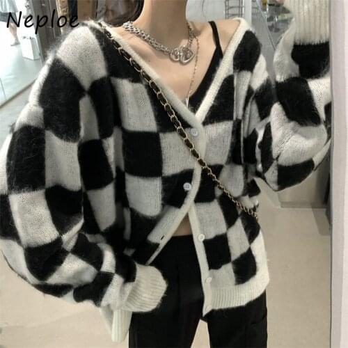 Neploe Loose Crazy Style Plaid Knit Sweater Cardigans Women V Neck Long Sleeve Single Breast Pull Femme Spring 2021 New Sueter