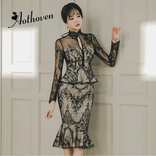 Spring Lace Dresses Black Stand Collar Long Sleeve Bodycon Bandage Women Dress Vintage Sexy Party Midi Mermaid Dress Vestidos