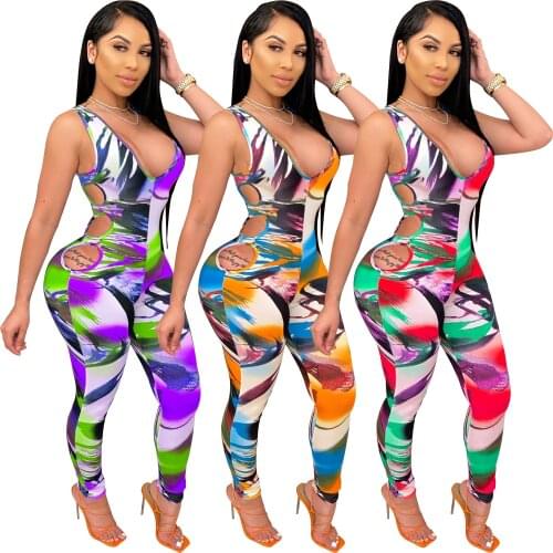 Women jumpsuits 2021 summer trend Sexy Hollow printed sports casual sleeveless S-2XL long jumpsuits Wholesale dropshipping