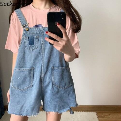 Women Rompers Fashion Hole Multi-pockets Vintage All-match Leisure Denim Preppy Style Overalls Summer Hot Jumpsuit Retro Loose