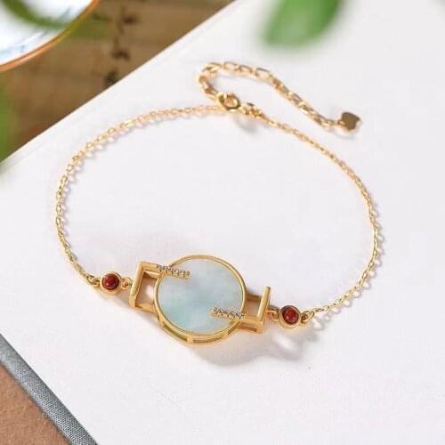 S925 Sterling Silver Gold Plated Retro South Red Light Luxury Female Student Mori Style Natural Hetian Jade Safety Buckle Bracel