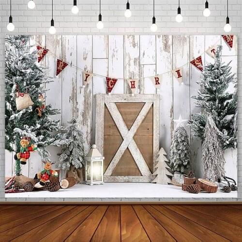 Winter Christmas Tree Photography Background Elk Toy Bear White Wood Board Baby Portrait Backdrops Photo Studio Props Photozone