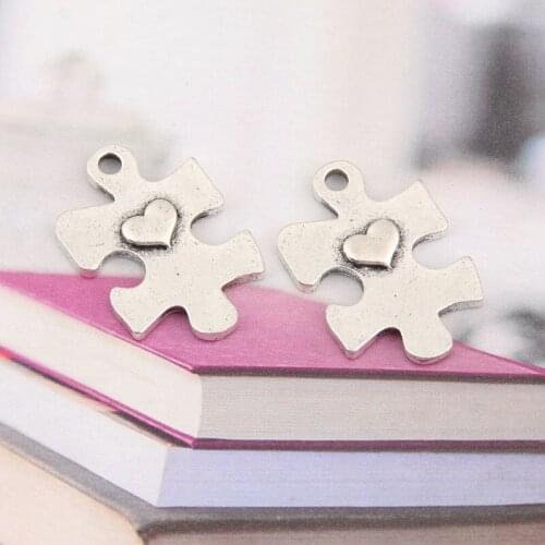 10pcs Silver Color Jigsaw Puzzle Piece Charms Heart Pendant For DIY Handmade Jewelry Making Accessorie 21x15mm