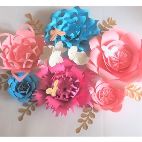 2018 Artificial Handmade Giant Paper Flowers Backdrop 9PCS+Leaves 6PCS+Butterflies 3PCS For Wedding & Event Baby Nursery Decor