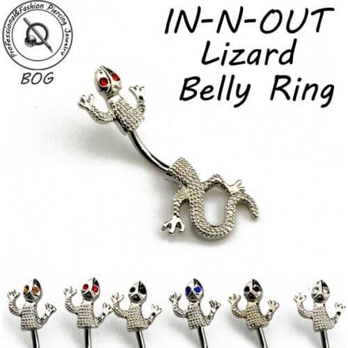 BOG-Lot 6 Pieces High Quality IN-N-OUT Gecko Lizard CZ Gem Eyes Navel Belly Button Barbell Ring Body Piercing