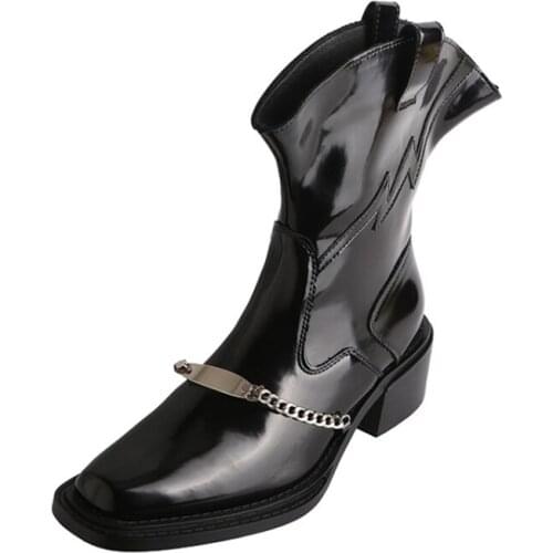 New Square Toe Cowboy Knight Genuine Leather Chelsea Boots Ankle Motorcycle Shoes Woman Slip On Short Boots Punk Style Low Heels