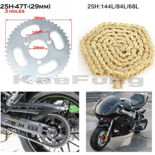 47cc 49cc pocket bike chain 25H 108\112\ or 136 links loops and rear 68T sprocket mini moto atv quad 2 stroke engine parts