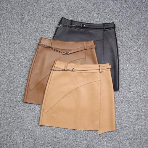 Factory New Arrival Spring And Summer Metal buckle Women Fashion Genuine Leather Skirt