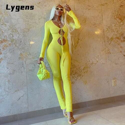 Lygens 2021 Autumn Long Sleeve Solid Hollow Out Lace Up Sporty Fitness Jumpsuit Bodycon Skinny Sexy Streetwear Club Clothes