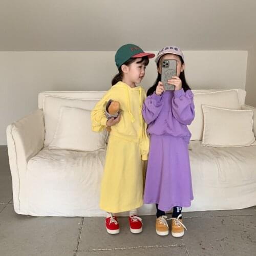8406 Girls Clothing Set 2 Pieces Suit Autumn 2021 Korean Girls Leisure Dress Suit Hooded Top+Long Skirt Fashion Girls Outerwear