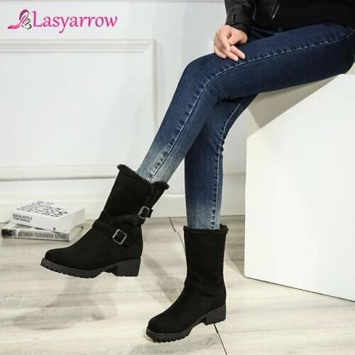 Lasyarrow 2020 fashion winter boots round toe buckle faux fur mid calf boots for women warm plush snow boots big size 33-44