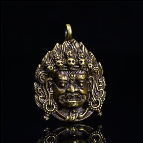 Copper Statue Chinese Bronze Tantra Mahakala Wrathful Deity Amulet Pendant Buddha Head Pendant Exorcise Evil Spirits Statue Ausp