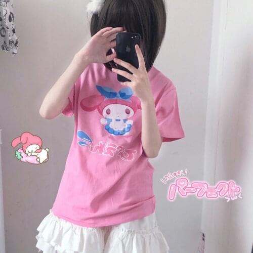 Harajuku Kawaii Cute Cartoon Print Short Sleeve T-Shirt Soft Girls Pink Loose Casual Tops 2021 Streetwear Women Lolita T-Shirts