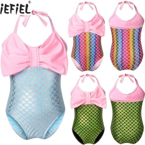 Cute Baby Girls Swimwear Bowknot Scales Printed Patchwork Toddler Girls Swimwear Summer Beach Infant One Piece Bikini Swimsuit