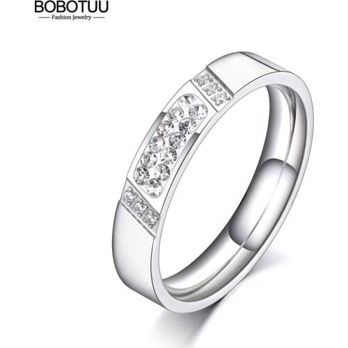 BOBOTUU Trendy Titanium Stainless Steel Clay Rhinestone Ring Original Design CZ Crystal Wedding Ring Jewelry For Women BR20054