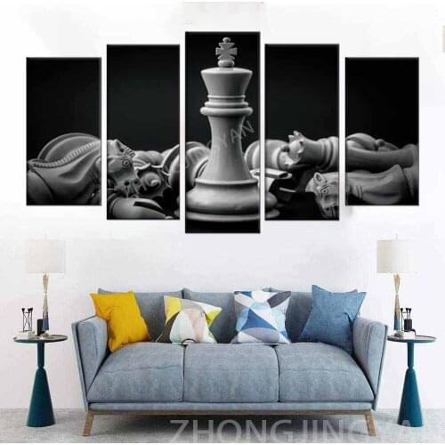 Black and White King and Knight of Chess Setup on Canvas Wall Art Paintings 5 Pieces Pictures Prints Poster Art Artworks for For
