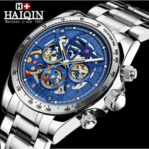 2020 New HAIQIN Mens Watches Mechanical Skeleton watch for men automatic wristwatch men stainless steel clock Relogio Masculino