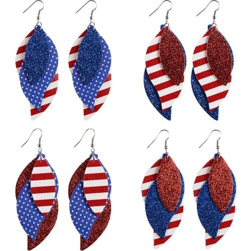 New Triple Printed Glitter PU Leather Feather Leaf Earrings Striped American Flag Independence Day Theme Earrings Gifts